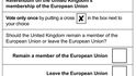 Hlasovací lístek pro referendum ve Velké Británii