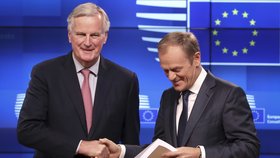 Vrchní vyjednávač za Brexit Michel Barnier předal prezidentu Evropské rady Donaldu Tuskovi dohodu o odchodu Británie z EU.