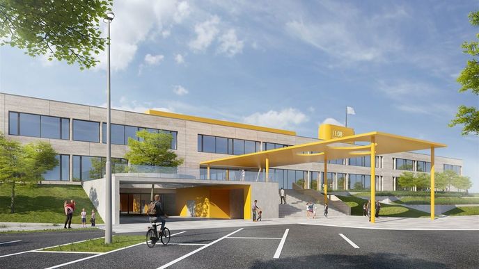 Vizualizace projektu nové základní školy v Březiněvsi.