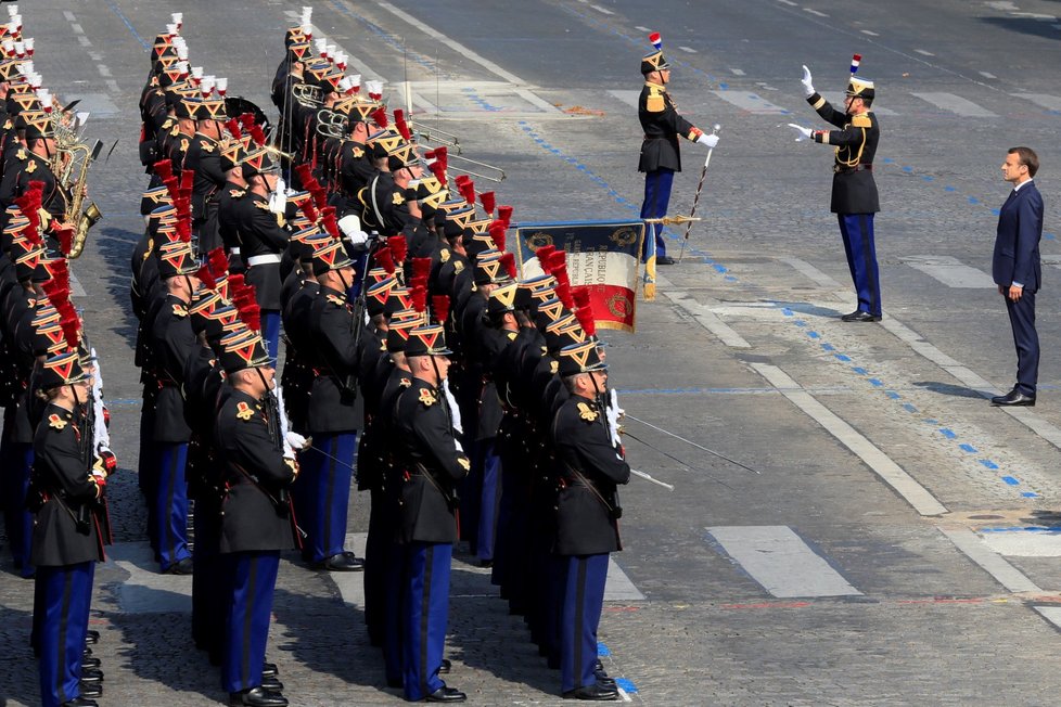 Prezident Emmanuel Macron na Dni Bastily na pařížské Champs, Elysees.