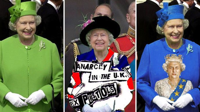 Lidé se baví zeleným oblečením britské panovnice Alžběty II.