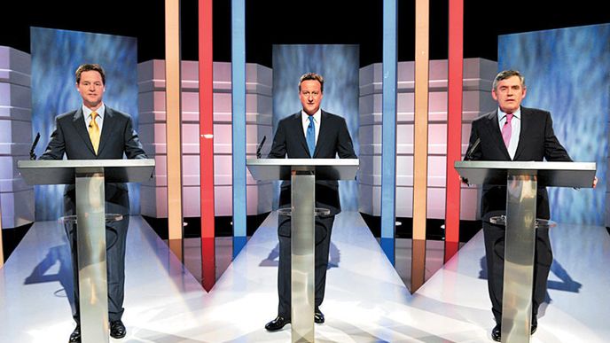 Zleva: Nick Clegg, David Cameron a Gordon Brown