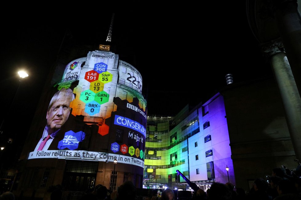 Budova BBC během voleb zářila, tipovala výsledek (12.12.2019)