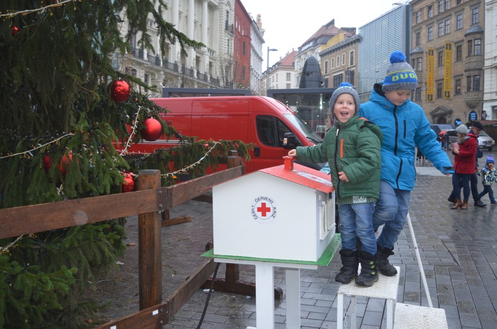 Děti házejí peníze do pokladničky pod vánočním stromem v Brně. Výtěžek si rozdělí chudé rodiy s dětmi. Loni naházeli Brňané v jejich prospěch do kasičky přes půl milionu korun. 