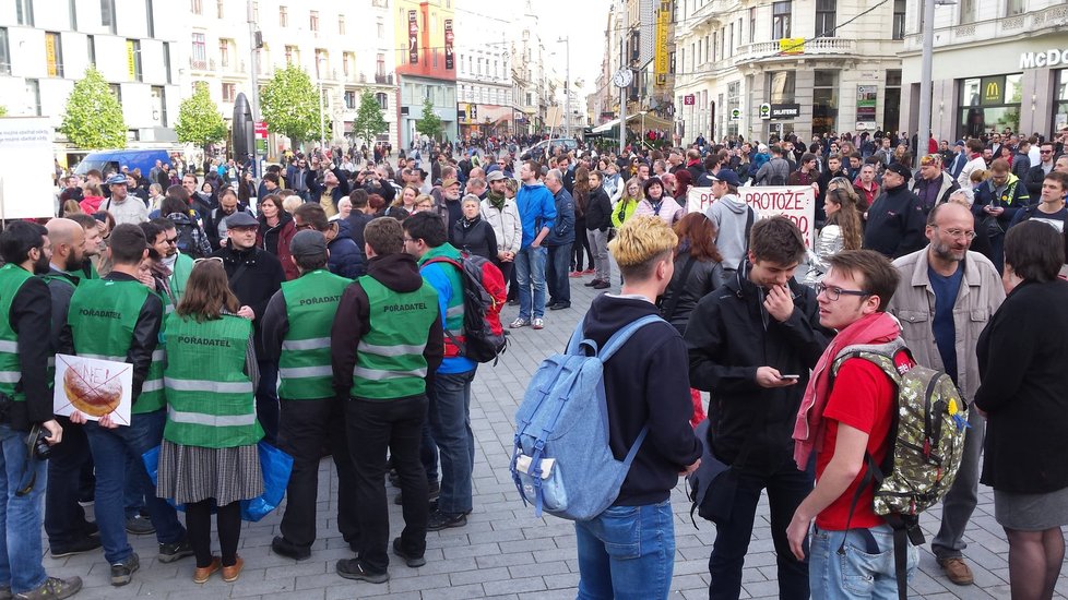 Proti Babišovi a Zemanovi demonstrují lidé i v centru Brna.