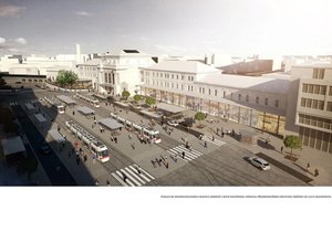 Pohled od Masarykovy ulice na rekonstruovanou budovu hlavního nádraží v Brně s nově navrženou úpravou přednádražního prostoru