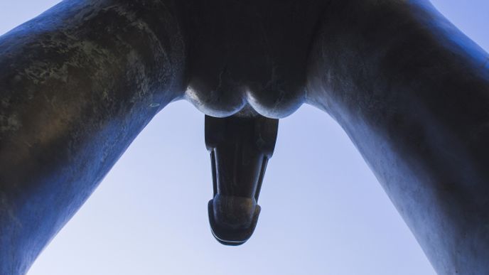 Jezdecká socha markraběte Jošta Lucemburského v Brně. Zájem kolemjdoucích vzbuzuje pohled zespodu, kdy socha připomíná pánský rozkrok