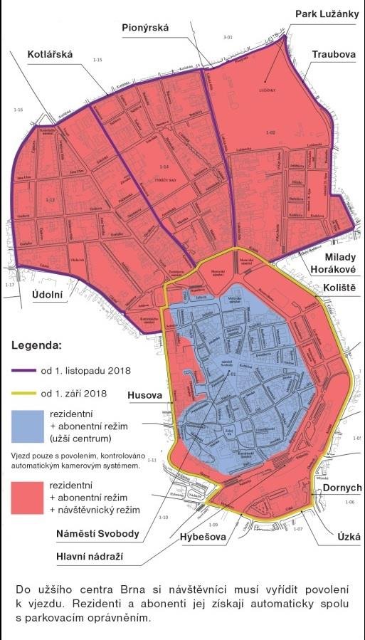 Mapa centra Brna, kde od 1. září začíná platit rezidentní parkování v modrých zónách.