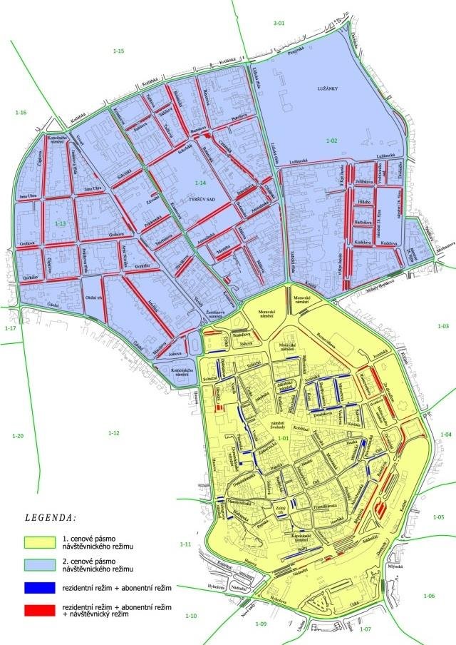Mapa centra Brna, kde od 1. září začíná platit rezidentní parkování v modrých zónách.