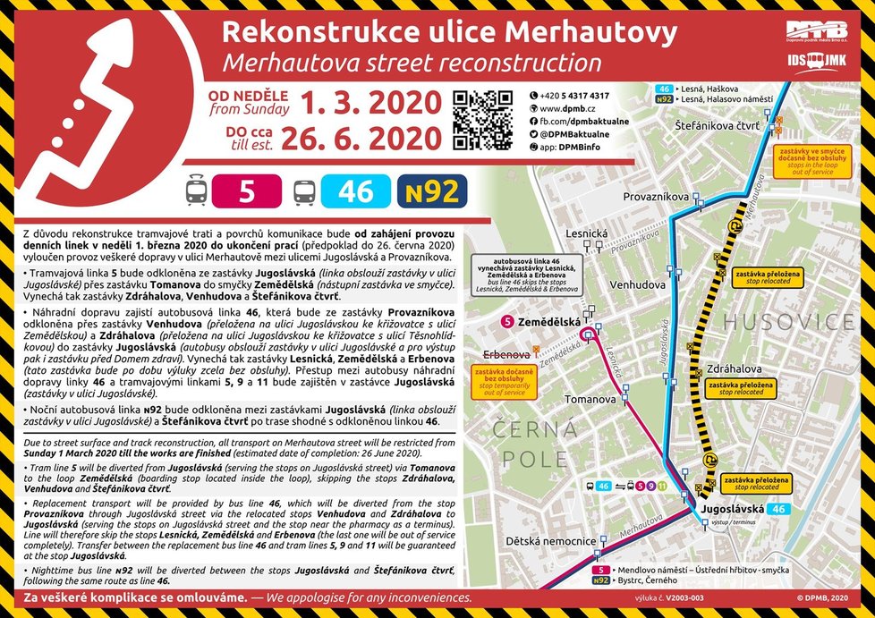 Merhautova ulice v Brně bude uzavřená do konce června.