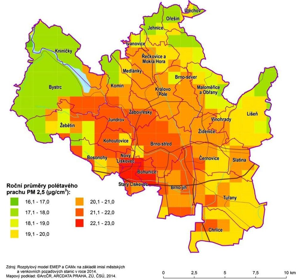 Mapa Brna, která ukazuje znečištění vzduchu v jednotlivých čtvrtích Brna. Podle posledních zpracovaných údajů z roku 2014 je nedýchatelno hlavně v centru města a Bohunicích.