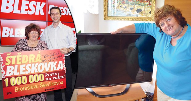 Paní Bronislavě šéfredaktor Radek Lain v Blesku předal šek na milion korun. Zatím si z výhry  koupila jen televizi a notebook