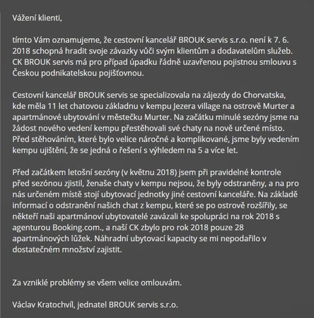 Poslední vyjádření Václava Kratochvíla ke změně stavu jeho cestovní kanceláře
