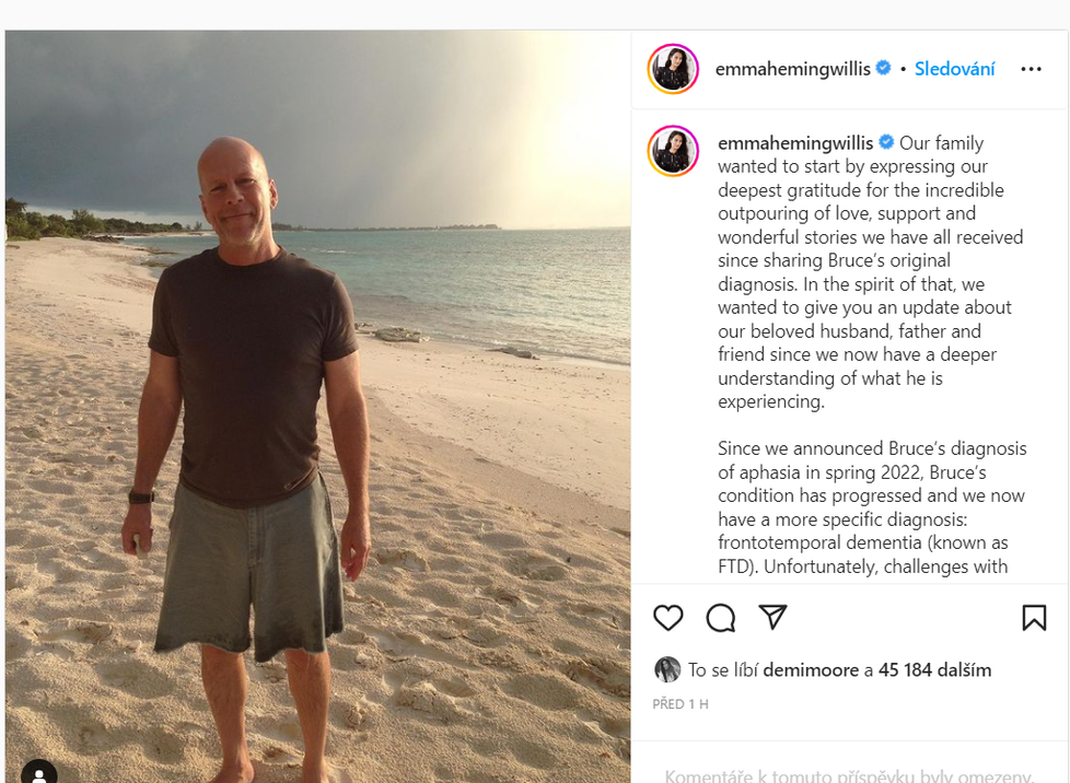 Vyjádření manželky Bruce Willise o jeho zdravotním stavu