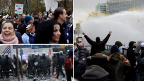 V Bruselu proti covidovým pasům protestovalo 35.000 lidí, policie zasáhla (22.11.2021)