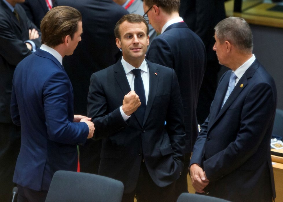 Zleva Sebastian Kurz, Emmanuel Macron a Andrej Babiš (28. 6. 2018)