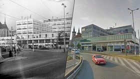 Budova Elektrických podniků v roce 1935 a v současnosti