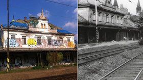 Budova nádraží Vyšehrad je v otřesném stavu, fasáda je posprejovaná a vypadá to tam jak na skládce.