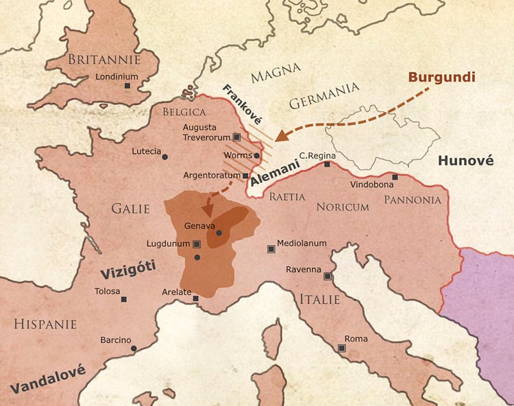 Mapa stěhování Burgundů 5 stol. n. l.: Burgundi jako spojenci Říma hlídali hranice před nájezdy Alemanů