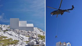 Moderní přístřešek pro horolezce musel do výšky 2025 metrů nad mořem dopravit vrtulník