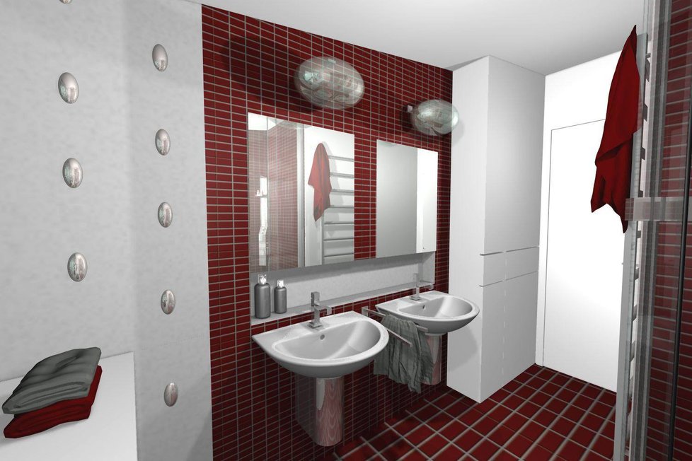 V červené variantě navrhla architektka dvě samostatná umyvadla a jedno velké zrcadlo