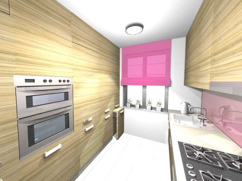 Kombinace dřeva s růžovou barvou kuchyň oživí