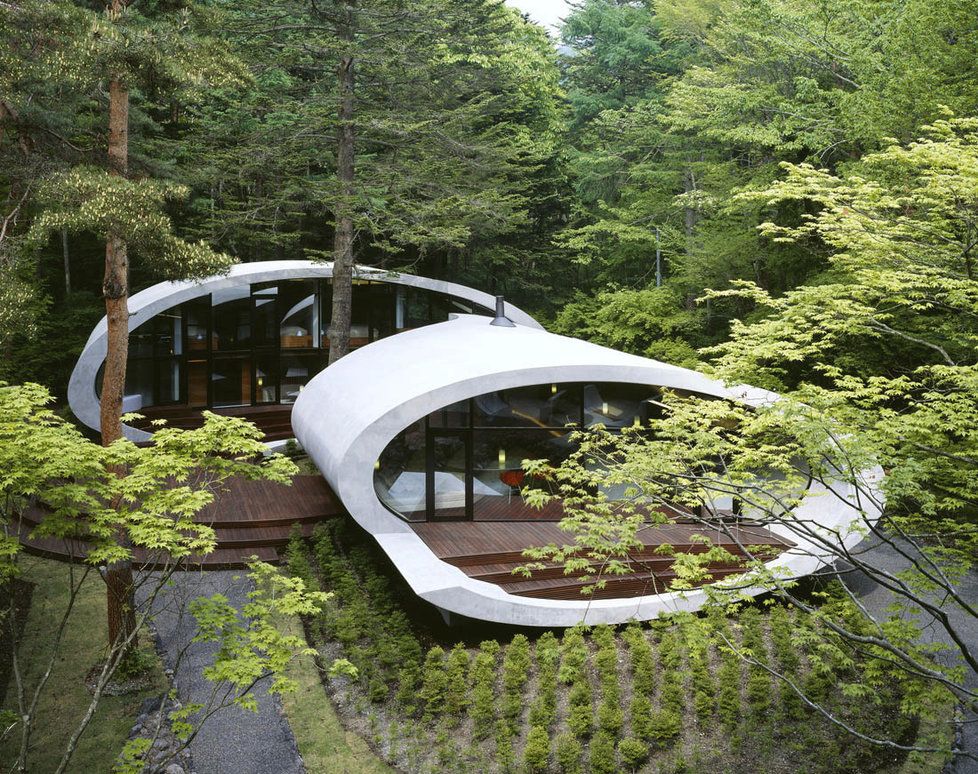 Rodinný dům v lesích vypadá jako betonová mušle