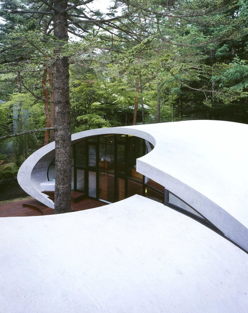 Rodinný dům v lesích vypadá jako betonová mušle