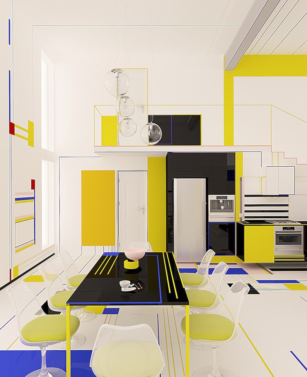 Moderní apartmán připomíná plátna slavného abstraktního malíře Mondriana