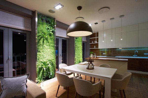 Moderní byt zdobí několik vertikálních zahrad s kapradinou