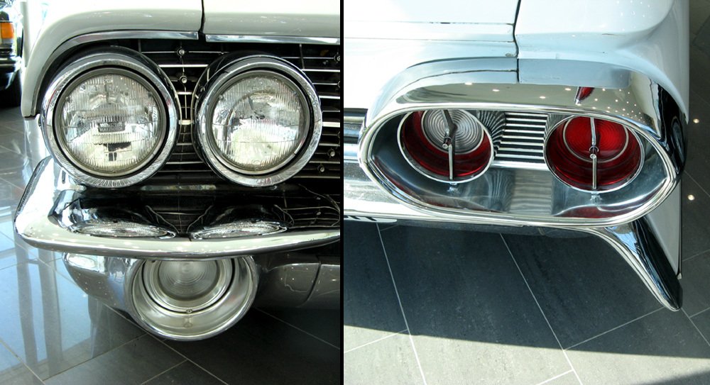 Detaily světel na přídi a na zádi u kabrioletu Cadillac 62 z roku 1961.