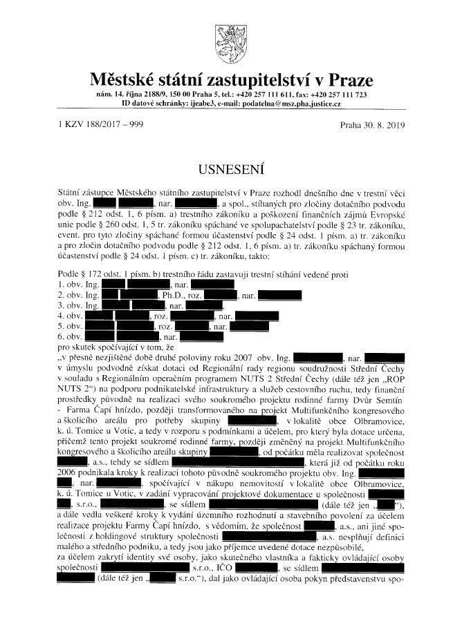 Celé znění dokumentu, ve kterém žalobce Jaroslav Šaroch vysvětluje, jak dospěl ke svému rozhodnutí v kauze Čapí hnízdo. Začerněná místa obsahují osobní údaje. Toto je jeho titulní strana