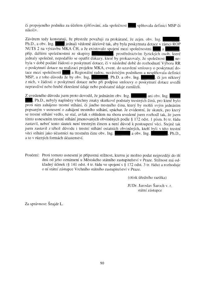 Celé znění dokumentu, ve kterém žalobce Jaroslav Šaroch vysvětluje, jak dospěl ke svému rozhodnutí v kauze Čapí hnízdo. Začerněná místa obsahují osobní údaje.