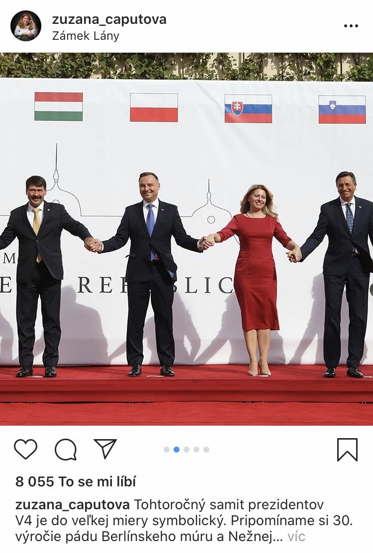 Příspěvek z Instagramu Zuzany Čaputové, na kterém chybí český prezident Miloš Zeman. Místo něj se za levici slovenské hlavy státu drží prezident Slovinska Borut Pahor