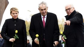 Slovenská prezidentka Zuzana Čaputová, prezident Miloš Zeman a německá hlava státu Frank-Walter Steinmeier na oslavách 30 let od pádu Berlínské zdi.