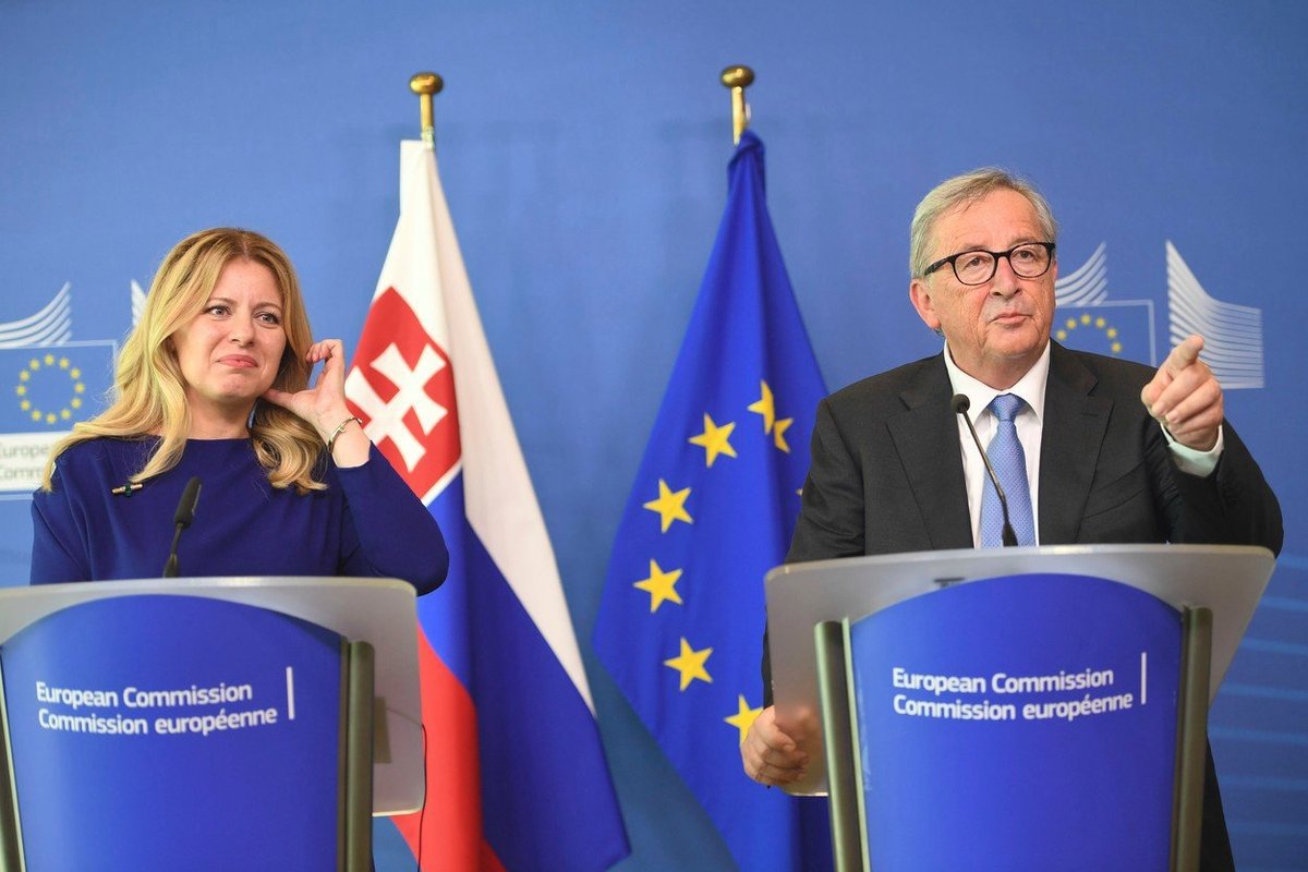 Slovenská prezidentka Čaputová s šéfem Evropské komise Junckerem během její návštěvy Bruselu