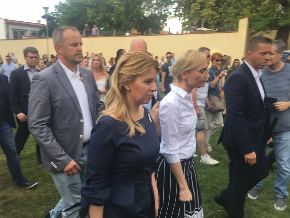 Z Lichtenštejnského paláce šla slovenská prezidentka Zuzana Čaputová na koncert na Kampě se svojí družinou pěšky. (20. 6. 2019)