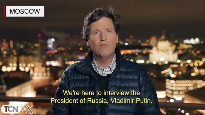 Tucker Carlson oznamuje na svém X rozhovor s Vladimirem Putinem.