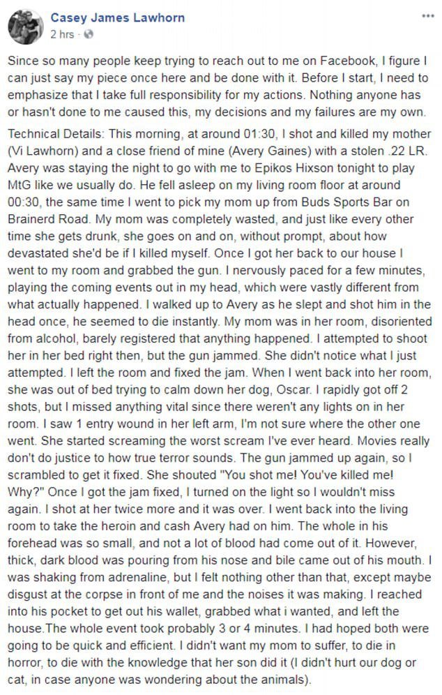 Lawhorn na Facebooku detailně popsal, jak zavraždil kamaráda a matku.