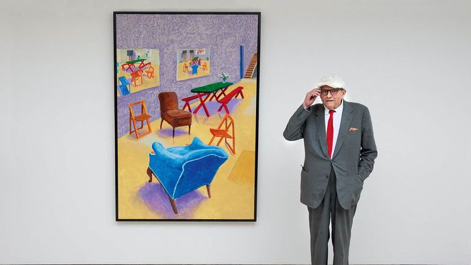 David Hockney před jedním ze svých obrazů na vernisáži v galerii Annely Juda Fine Art, Londýn, jaro 2015 David Hockney před jedním ze svých obrazů na vernisáži v galerii Annely Juda Fine Art, Londýn, jaro 2015