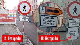 Chodník u jedné z budov Krajského úřadu Jihomoravského kraje náhle končí. Lidé musí přejít na protější stranu. Vstupují ale přitom do tramvajových kolejí a do silnice. Poté, co tu zahynul mladík a případ se začal zajímat Blesk.cz, přibyly cedule. Problém ale nevyřešily.