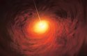 Kresba černé díry. Kolmo na akreční disk se nacházejí jety – výtrysky hmoty, které se šíří kosmickým prostorem obrovskou rychlostí. Výtrysky M87 sahají 5 tisíc světelných let daleko