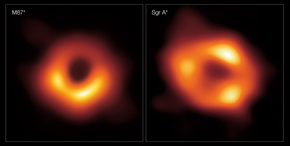 Srovnání černých děr. Vlevo černá díra v galaxii M87, vpravo černá díra v naší Galaxii