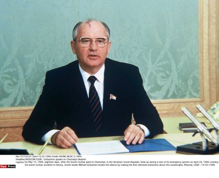 Bývalý sovětský vůdce Michail Gorbačov, na snímku záběr z projevu Gorbačova ze 14. května 1986.