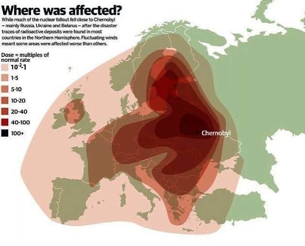 Mapa rozšíření radioaktivity po výbuchu Černobylu v dubnu 1986