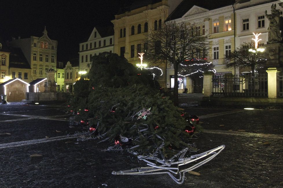 Česká Lípa přišla o svůj vánoční strom na náměstí. Dvacetimetrový smrk spadl zřejmě v důsledku silného větru.