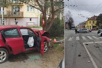 Honičku v Českých Budějovicích ukončil náraz do stromu: Řidiče uvěznil hořící vůz