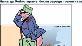 Karikatura bulharského deníku Trud, na které Švejk kálí na Českou republiku