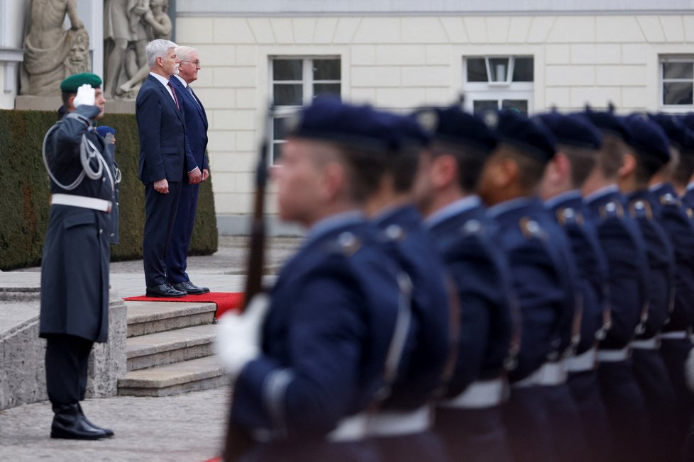 Český prezident Petr Pavel na návštěvě v Německu, na snímku s prezidentem Frankem-Walterem Steinmeierem.