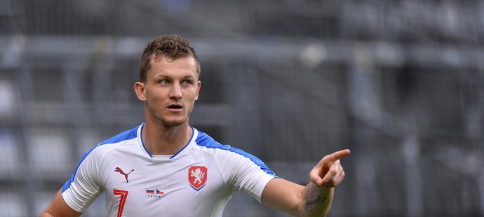 Útočník české reprezentace Tomáš Necid slaví rozhodující trefu proti Rusku